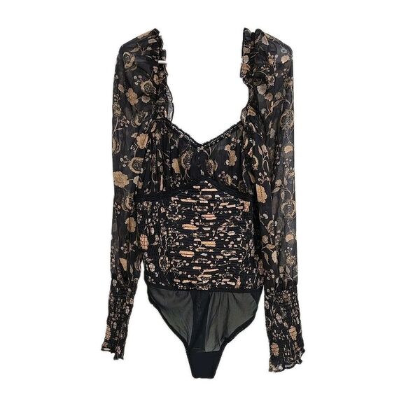 Free People Intimately Brunch Date Bodysuit Black & Gold Floral Print Sheer L - Picture 2 of 8